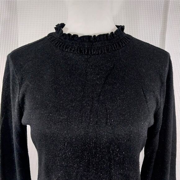 TALBOTS PETITE! BLACK W/SUBTLE BLACK SHIMMER METALLIC VELVET NECK SWEATER! SZ SP - Picture 3 of 9